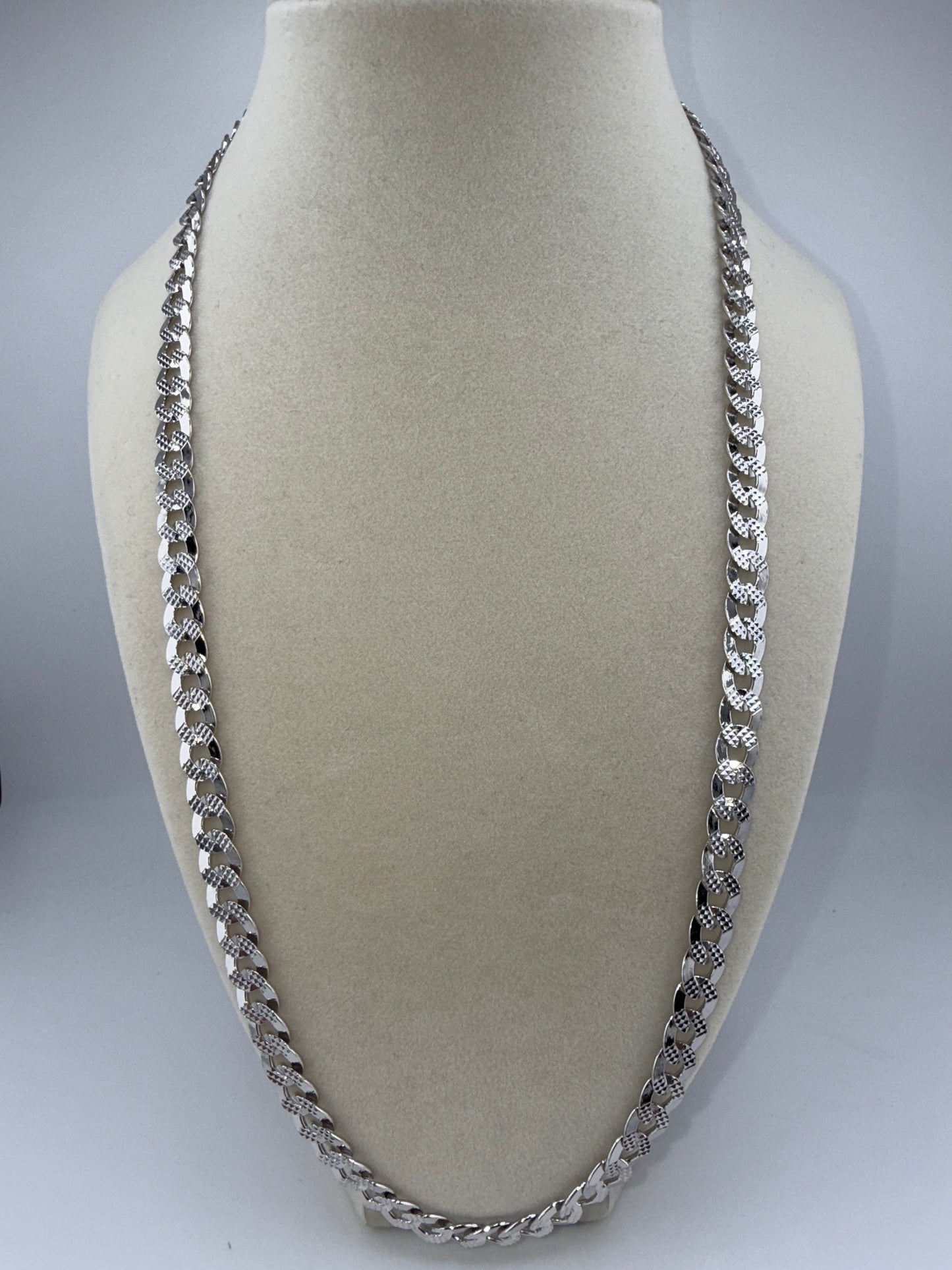 Sterling Silver 24inch 7.5mm Textured & Polished Cuban Chain, Rodium-Plated