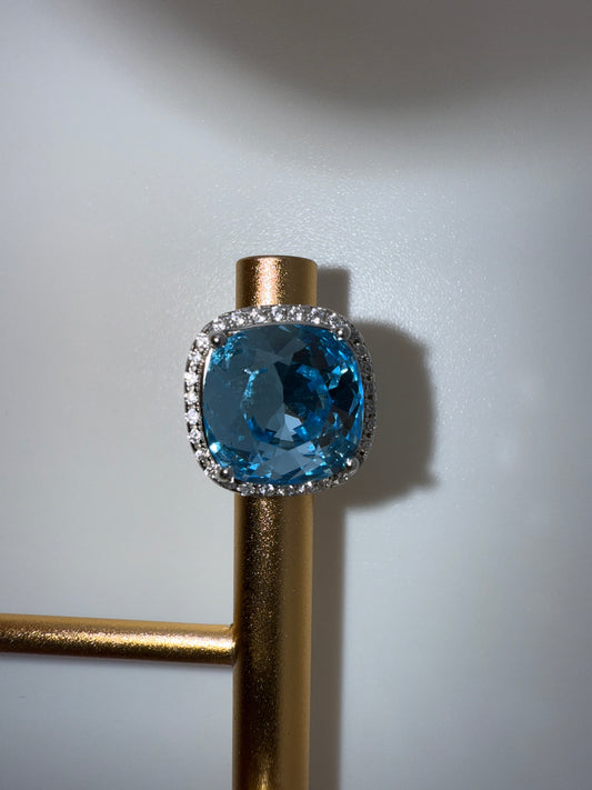 Sterling Silver, Zirconia, and 10mm Cushion Square Aqua Swarovski Element Earrings