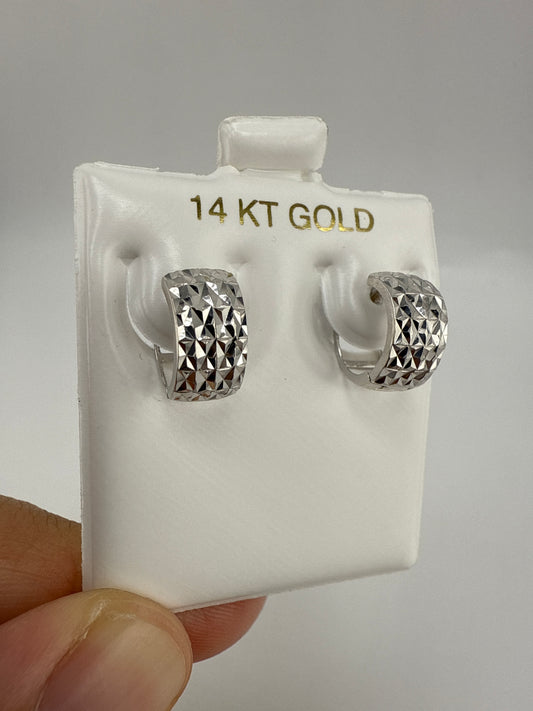 14k White Gold Hammered Huggie Earrings