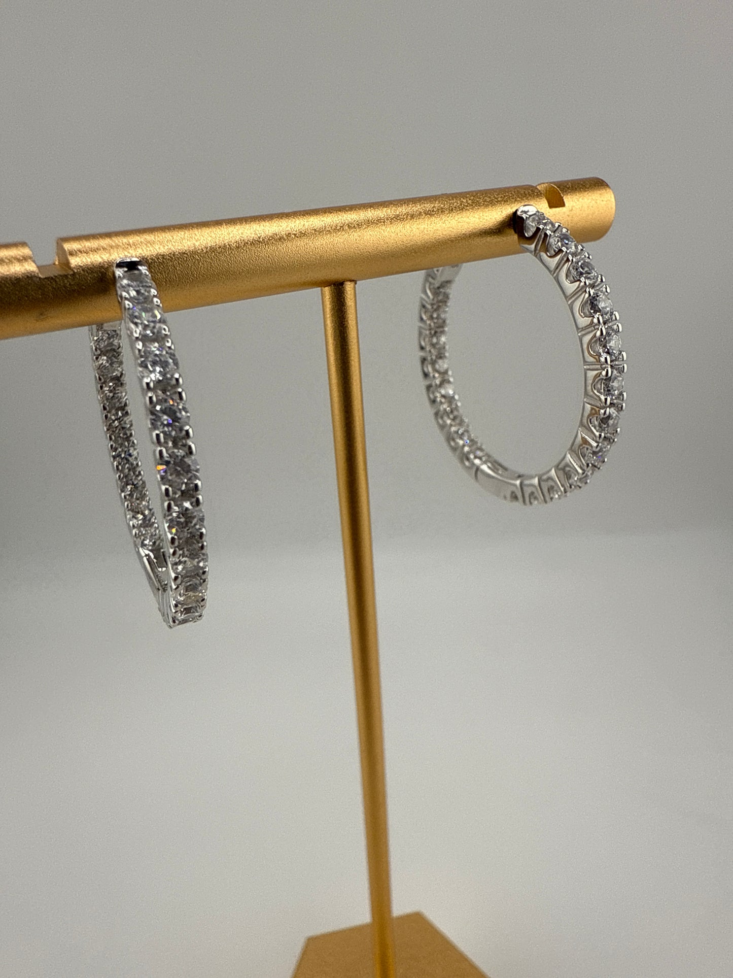 Sterling Silver, 3x30mm Inside-Outside Zirconia Hoop Earrings