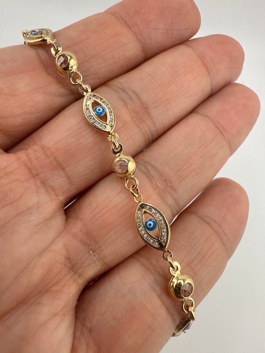 14k Gold Evil Eye Bracelet, Children’s or Anklet with Zirconia | 5 inches