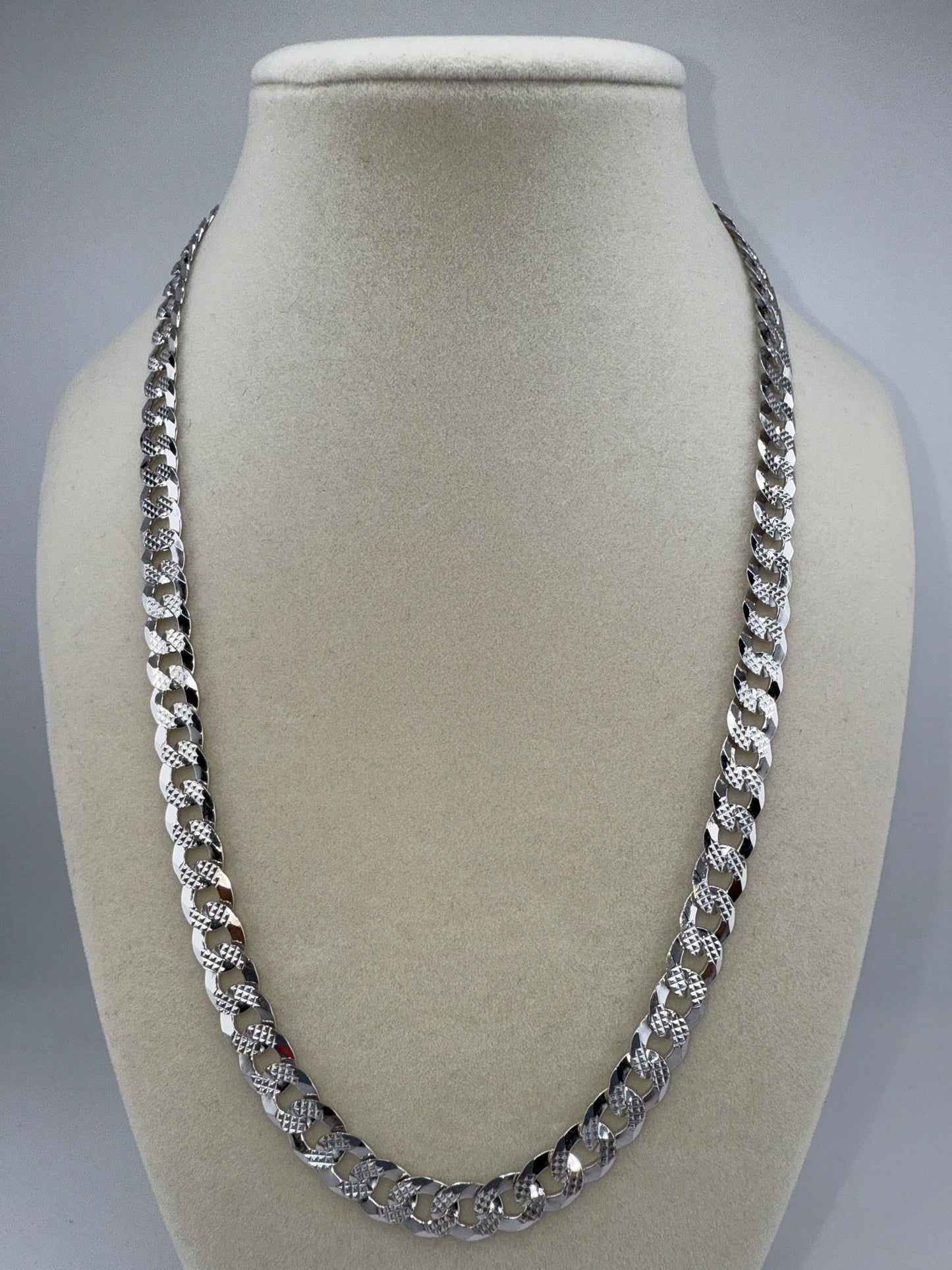 Sterling Silver 20inch 7.5mm Textured & Polished Cuban Chain - Rhodium Plated