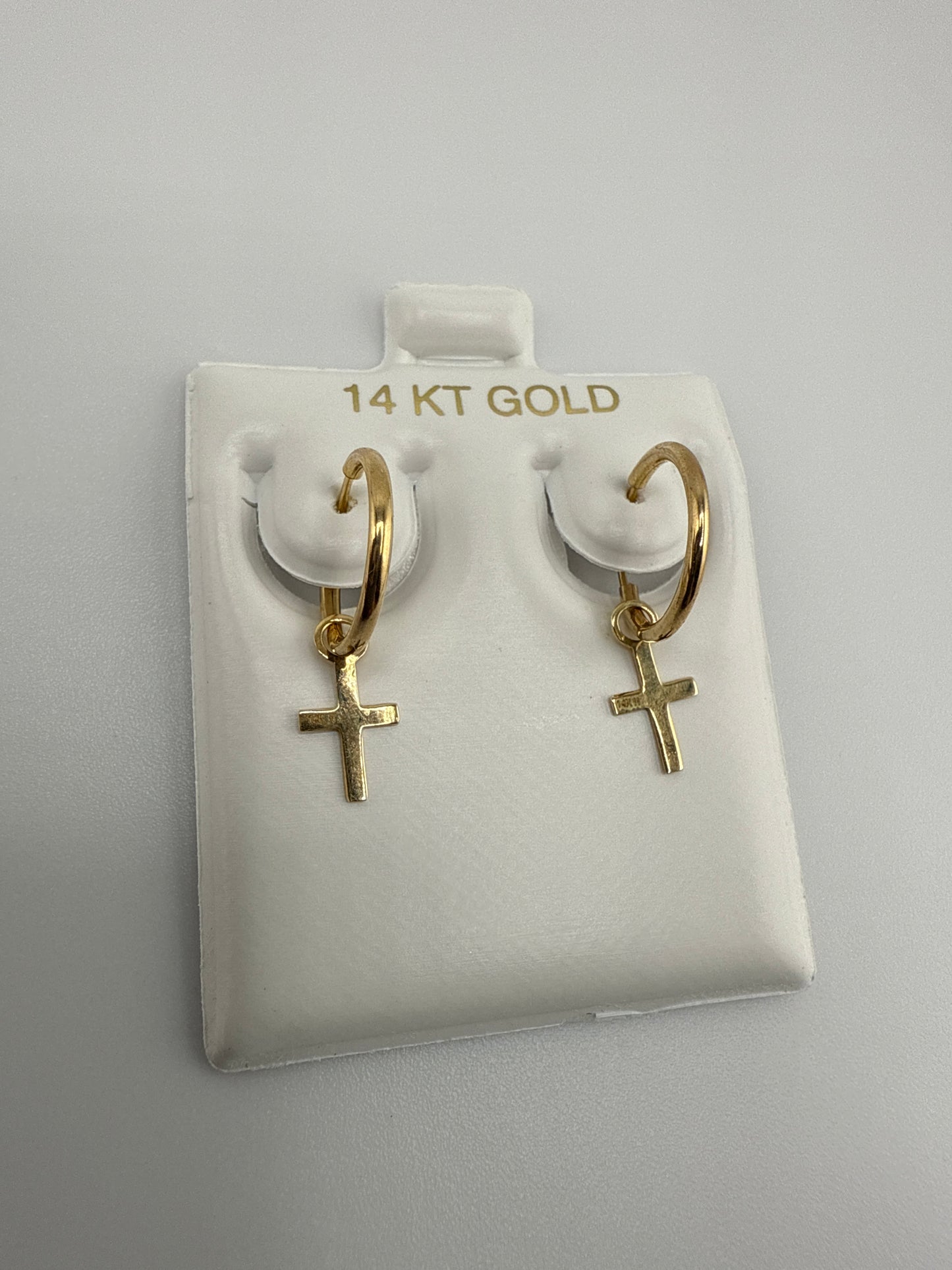 14k Yellow Gold Huggie Earrings with Dangling Crosses
