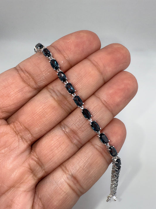 Sterling Silver, Oval Gem Tennis Bracelet - London Blue Topaz