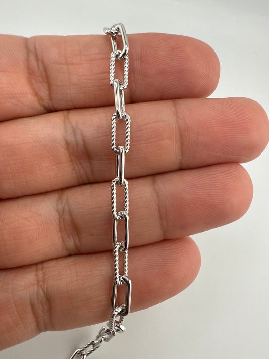 Sterling Silver Polished & Rope Design Paperclip Bracelet
