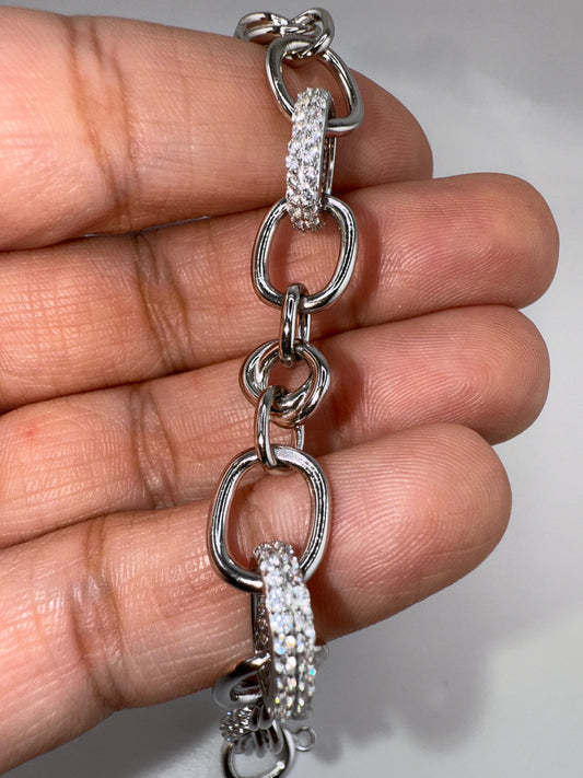 Sterling Silver, Micro Pave Zirconia & Polished Oval Linked Bracelet