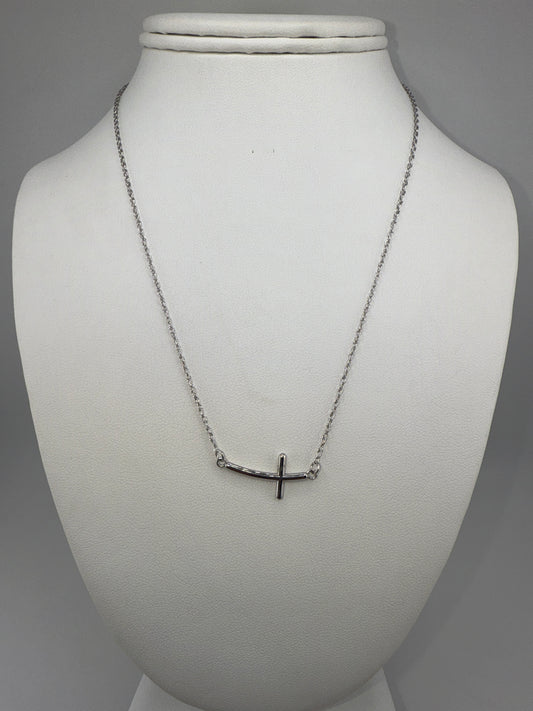 Sterling Silver Rhodium-plated Large Sideways Curved Cross Pendant and Chain