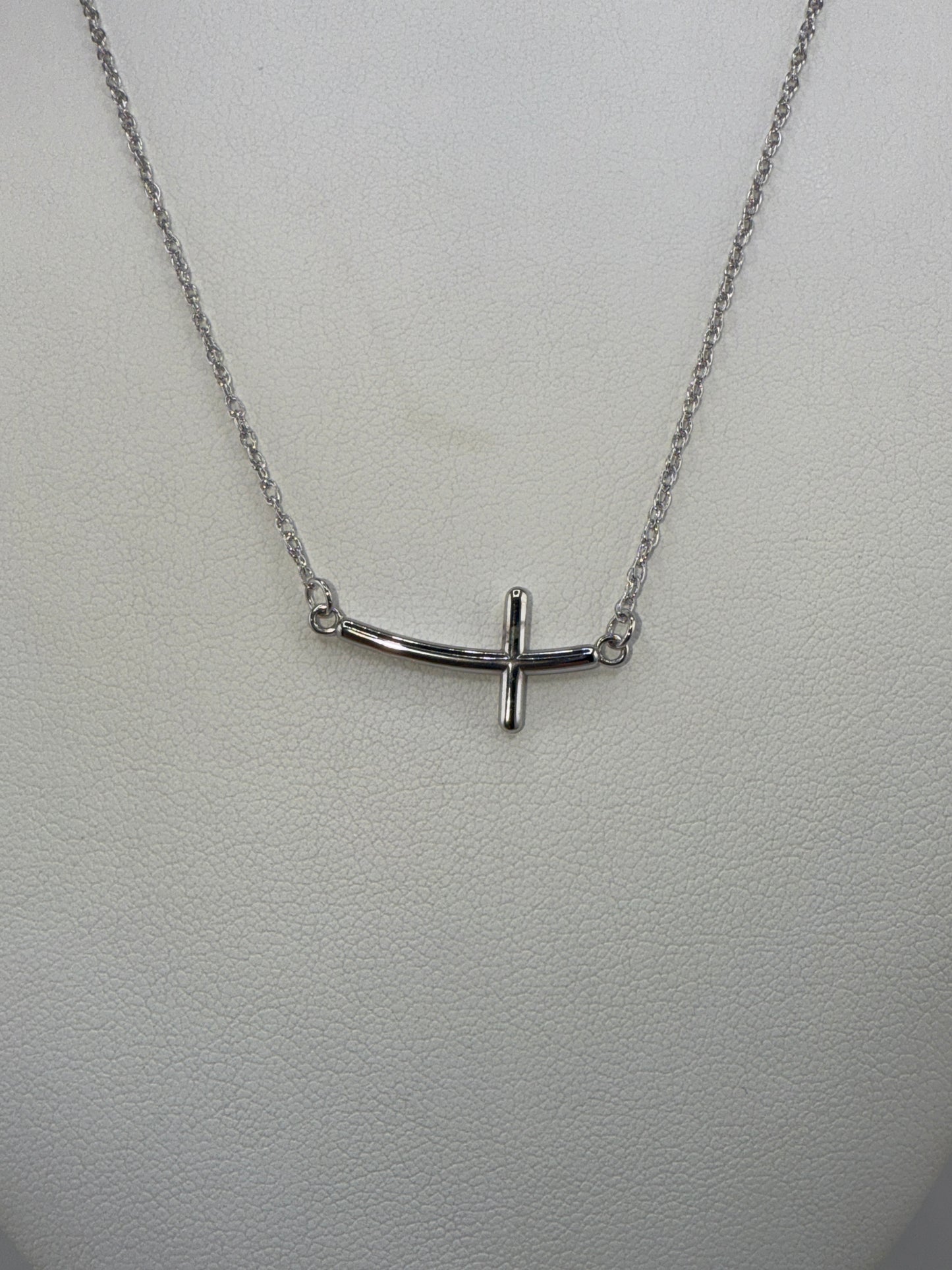 Sterling Silver Rhodium-plated Large Sideways Curved Cross Pendant and Chain