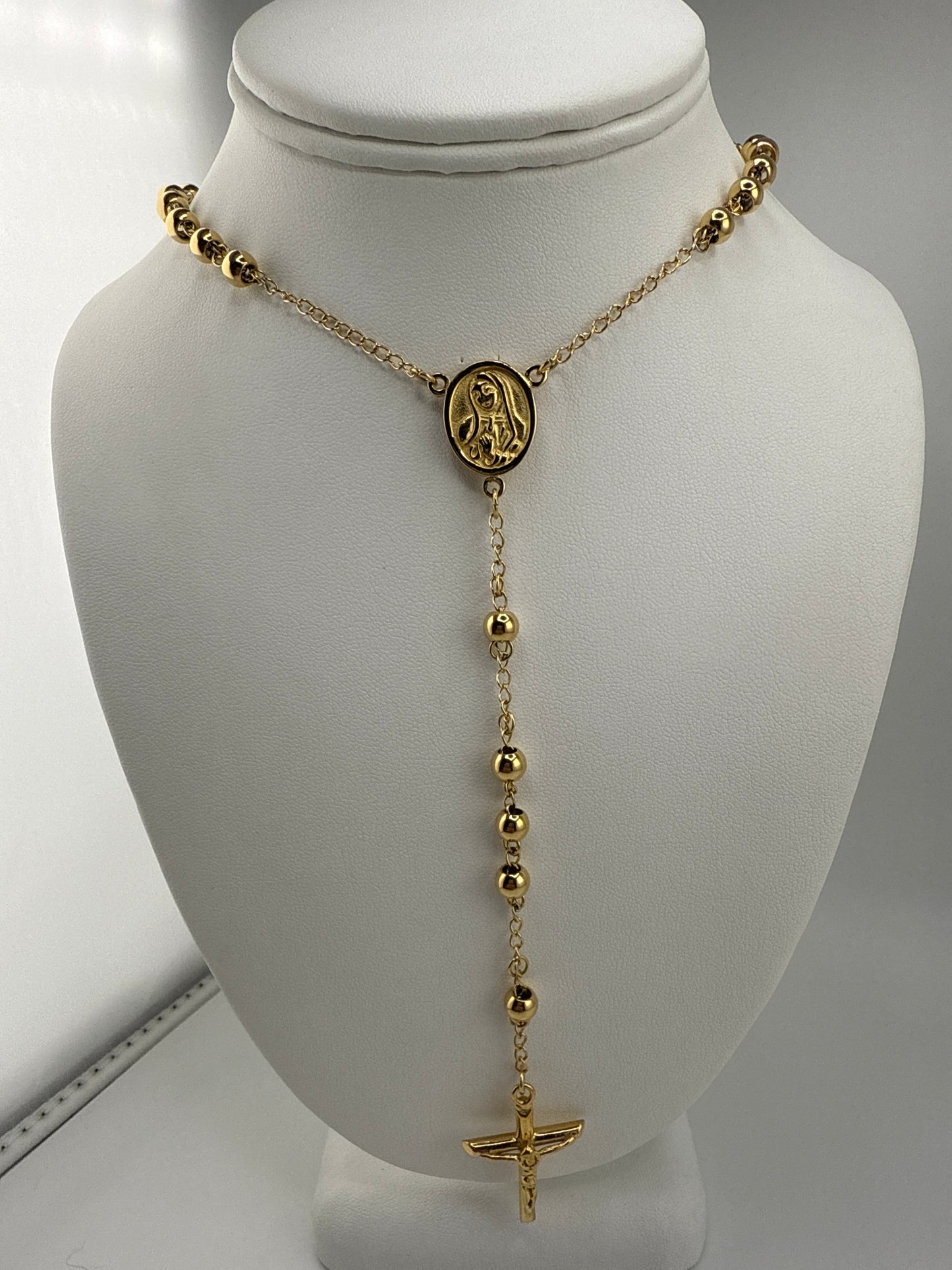 Stainless Steel Polished Yellow IP-Plated Beaded Rosary Necklace and Pendant