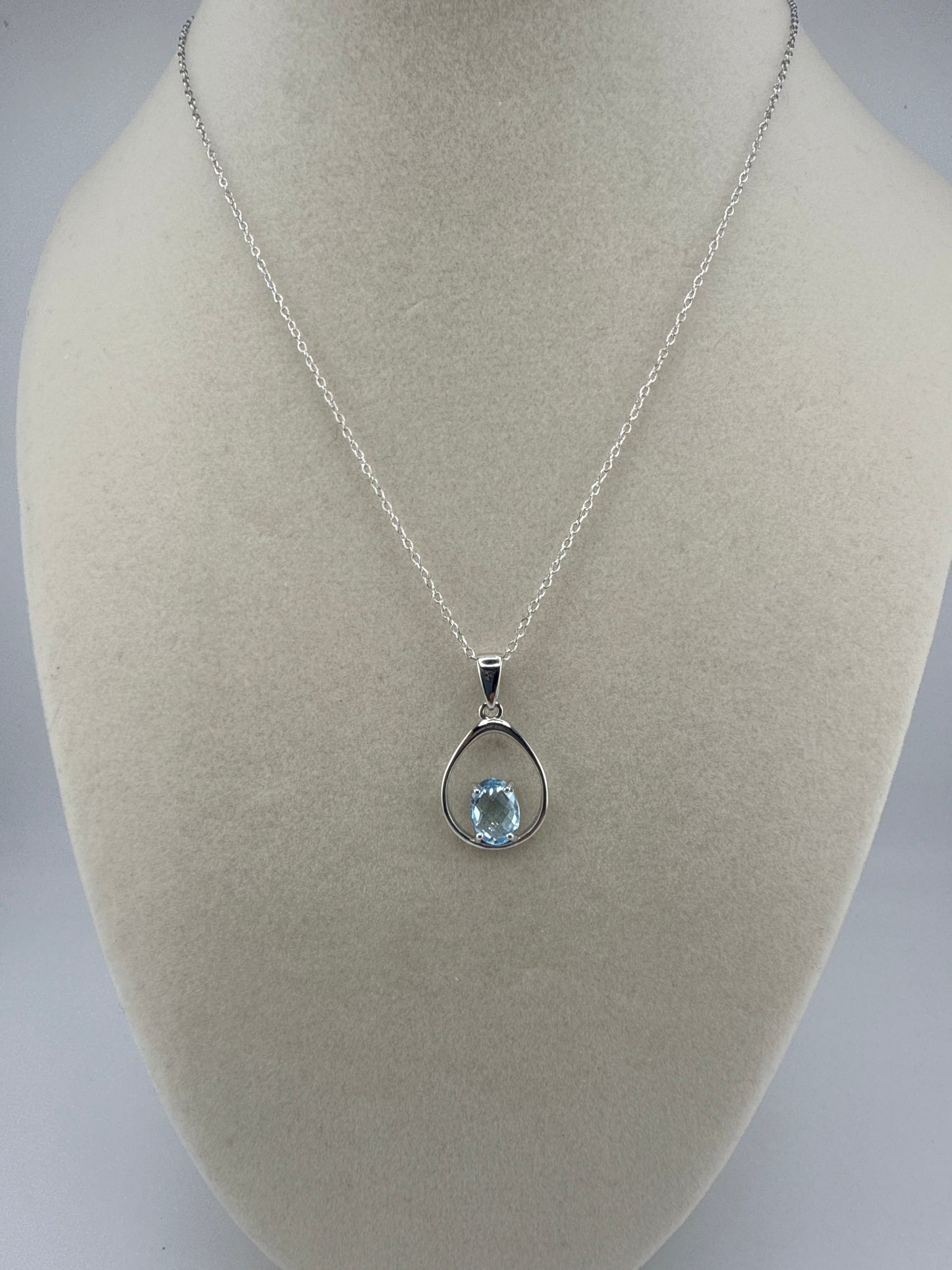 Sterling Silver, Pear-Shaped, Four-Prong Gem Necklace, Blue Topaz