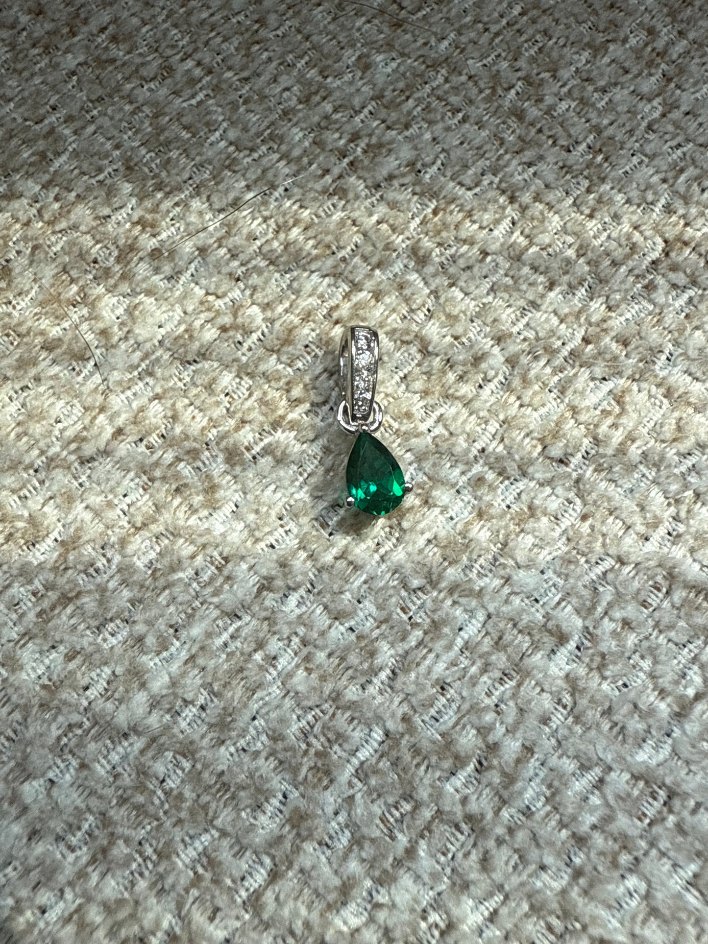 14k White Gold Pear Created Emerald and Diamond Pendant