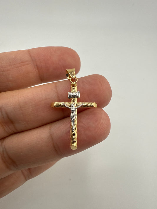14k Gold w/ White Rhodium Polished & Textured Crucifix Pendant