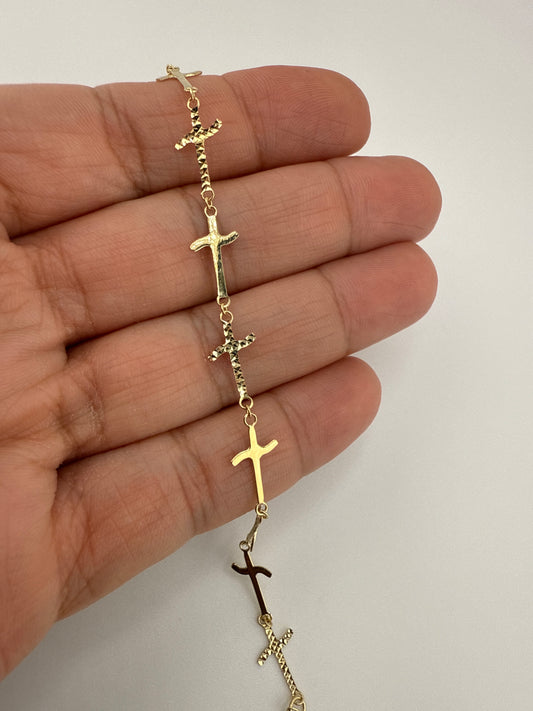 14k Gold with Shiny Diamond Cut Contemporary Cross Bracelet | 8 inches