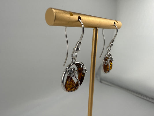 Sterling Silver, Cat & Moon Amber Dangle Earrings