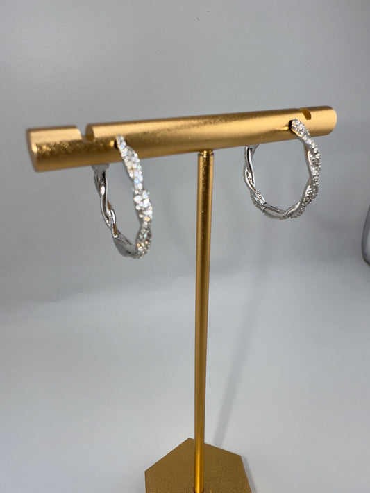 Sterling Silver Twisted Zirconia Hoop Earrings