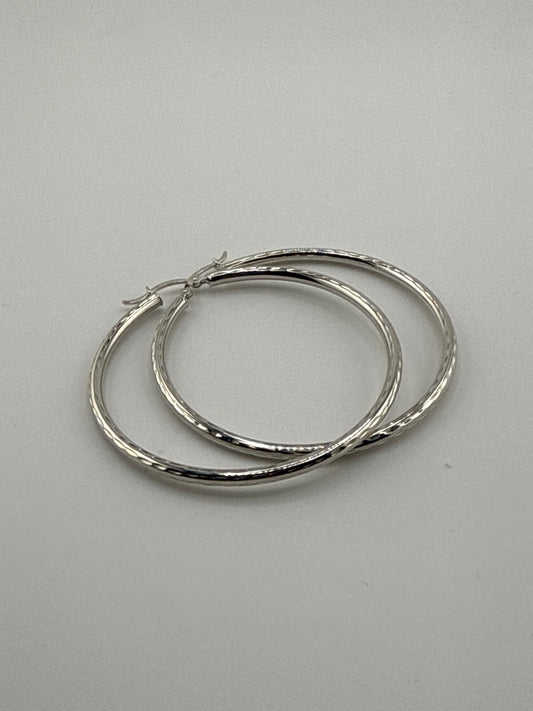 Sterling Silver Rhodium-plated Diamond-Cut Hoop Earrings