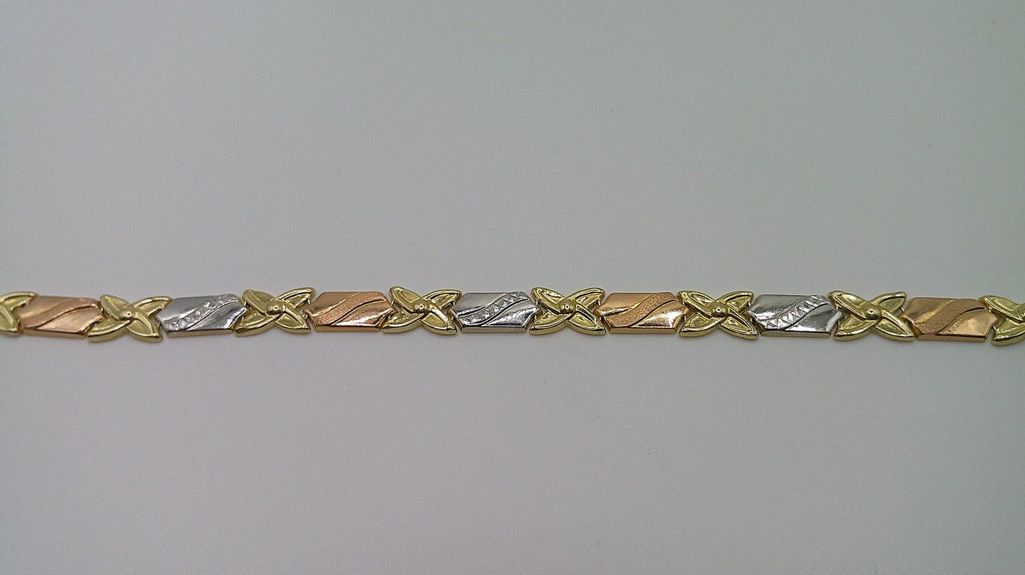 14k gold tri-color XO bracelet | rose gold, yellow gold, white gold | fancy design | 7.25 inches