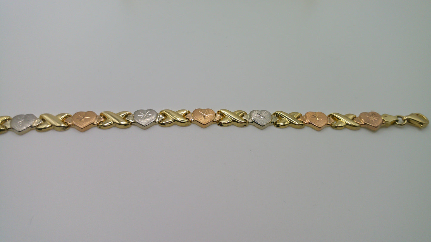 14k gold tri-color XO heart bracelet | rose, yellow, and white gold | 6.5 inches