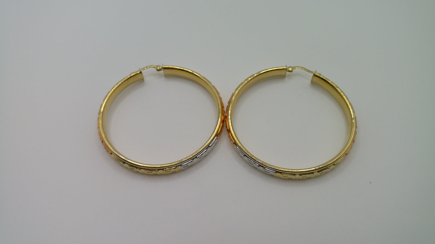 14k tri-color gold | yellow gold, rose gold, white gold | Greek key hoop | 1.75 inch wide
