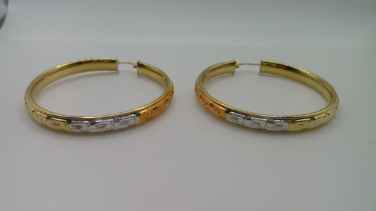 14k tri-color gold | yellow gold, rose gold, white gold | Greek key hoop | 1.75 inch wide