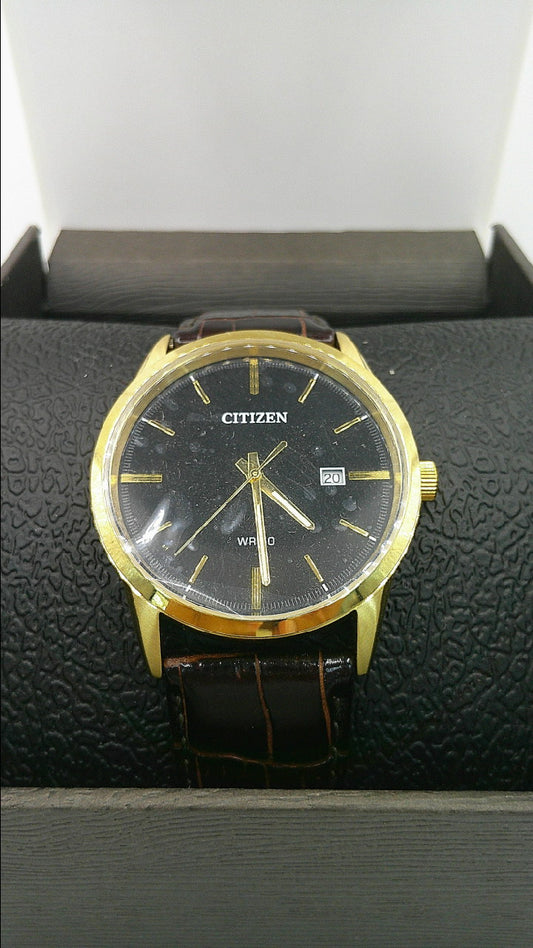 Citizen Watch | Yellow toned stainless steel | black face | WR 50 | genuine brown leather
