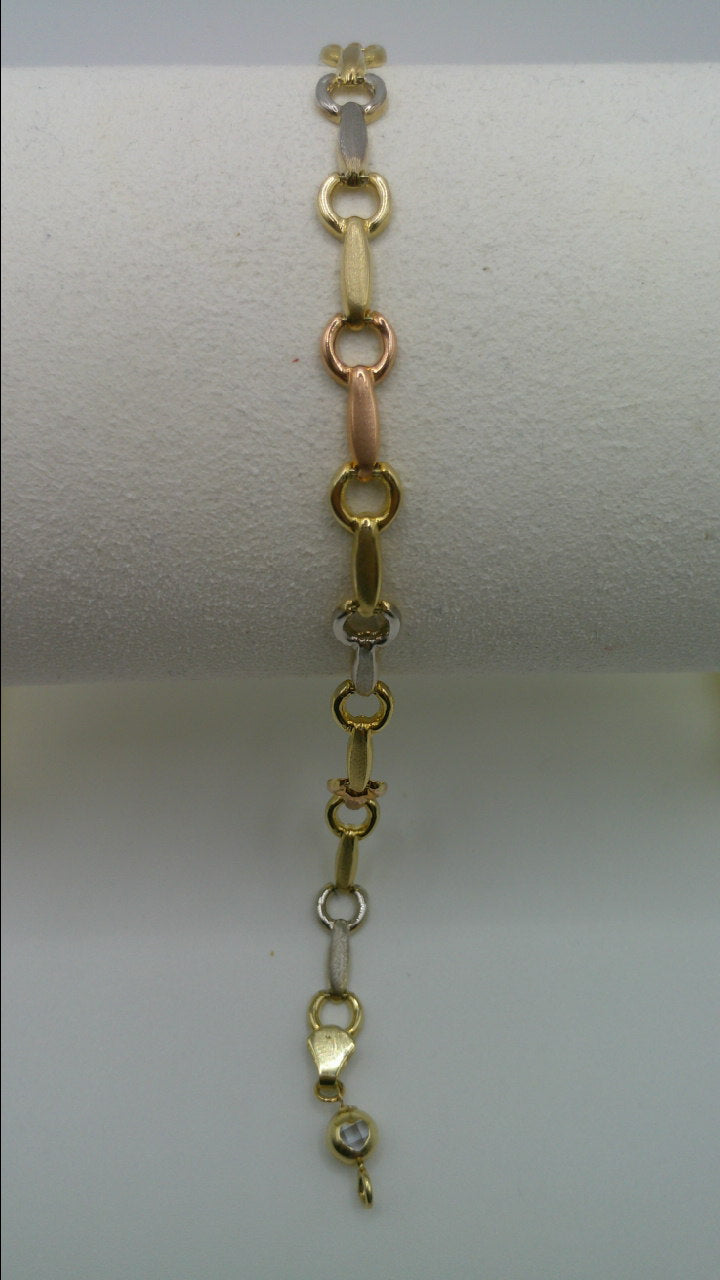 14k gold tri-color open link bracelet | rose gold, yellow gold, white gold | 7.25 inches