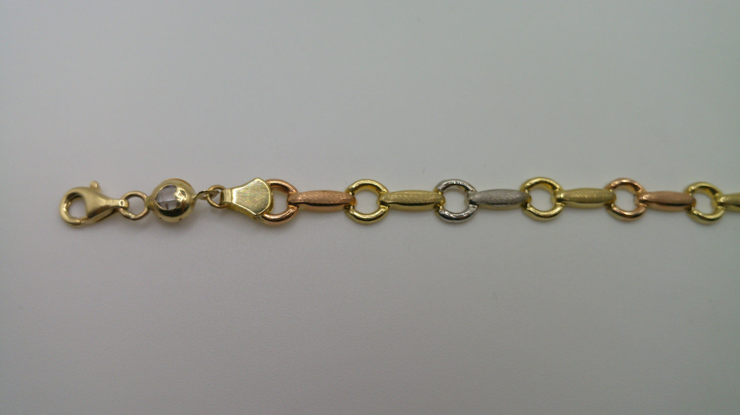 14k gold tri-color open link bracelet | rose gold, yellow gold, white gold | 7.25 inches