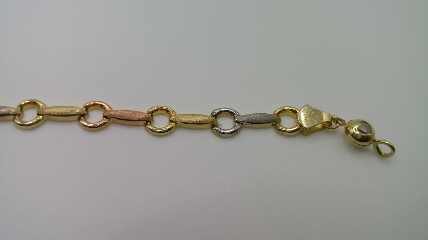 14k gold tri-color open link bracelet | rose gold, yellow gold, white gold | 7 inches