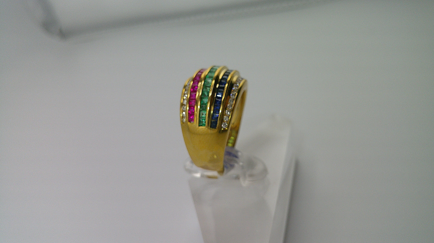 18k gold ring multi-color genuine stone | ruby, diamond, sapphire, and emerald | size 7
