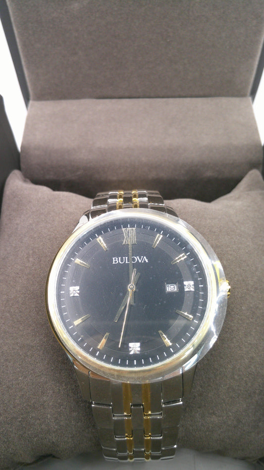 Bulova Watch | Diamonds | Black face | Two-toned stainless steel face and band