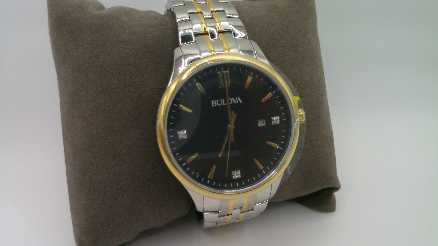 Bulova Watch | Diamonds | Black face | Two-toned stainless steel face and band