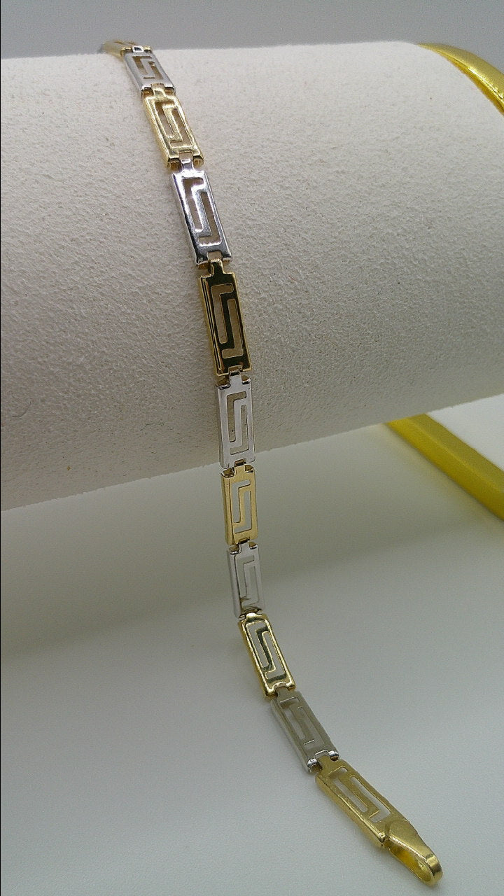 14k gold tri-color Greek key bracelet | yellow gold, rose gold, white gold | 7.25 inches