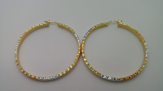 14k tri-color gold | white gold, yellow gold, rose gold | diamond cut hoop | 2mm | 1.75 inch wide