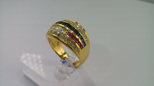 18k gold ring | ruby, sapphire, and zirconia | size 9.5