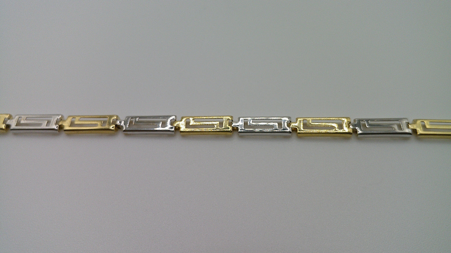 14k gold tri-color Greek key bracelet | yellow gold, rose gold, white gold | 7.25 inches