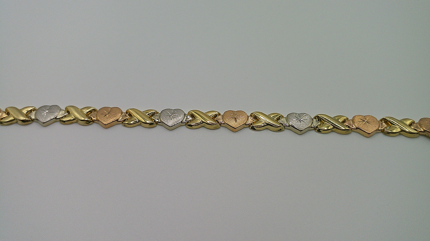 14k gold tri-color XO heart bracelet | rose gold, yellow gold, white gold | 6.5 inches