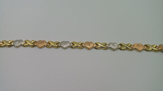 14k gold tri-color XO heart bracelet | rose gold, yellow gold, white gold | 6.5 inches