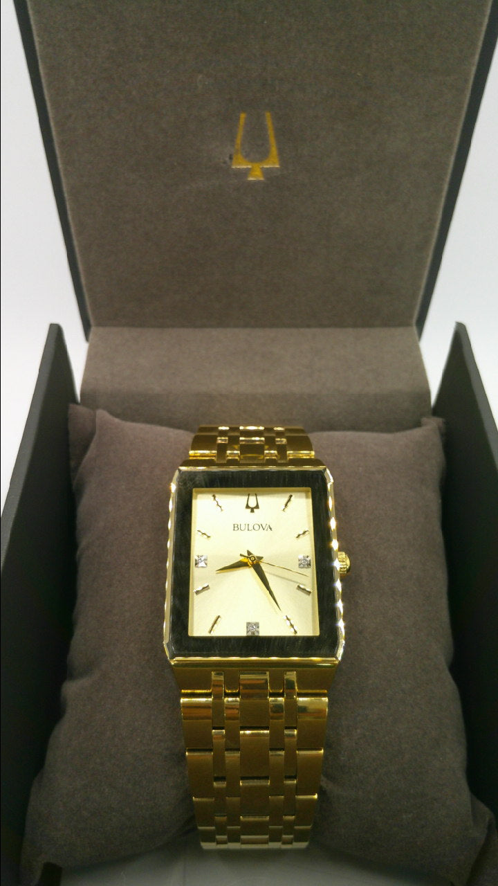 Bulova Watch | Diamonds | Rectangle face | Yellow toned stainless steel band
