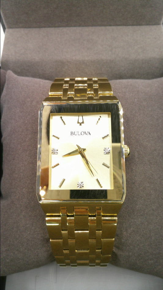 Bulova Watch | Diamonds | Rectangle face | Yellow toned stainless steel band