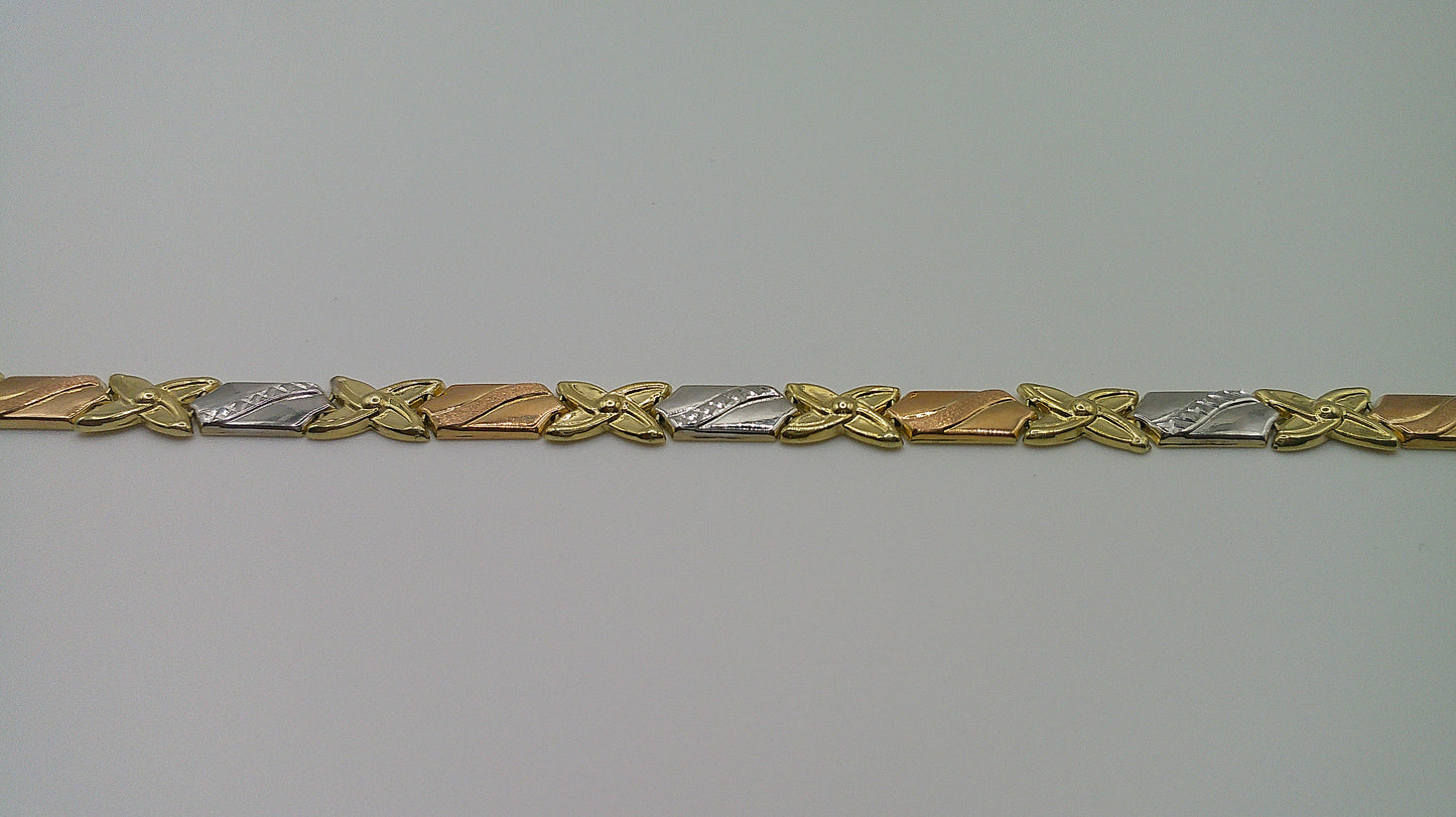 14k gold tri-color XO bracelet | yellow gold, rose gold, white gold | 7.25 inches
