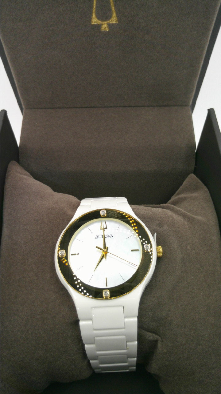 Bulova Watch | Diamonds | Ceramic band | Mother of pearl face