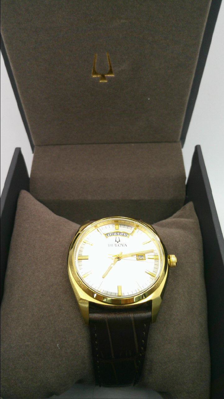 Bulova Watch | Yellow toned stainless steel face | Genuine brown leather