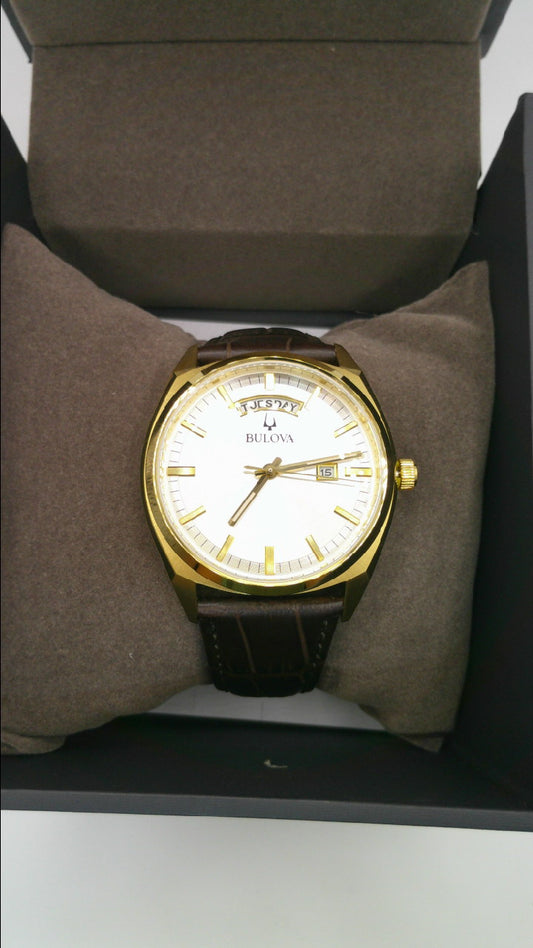 Bulova Watch | Yellow toned stainless steel face | Genuine brown leather