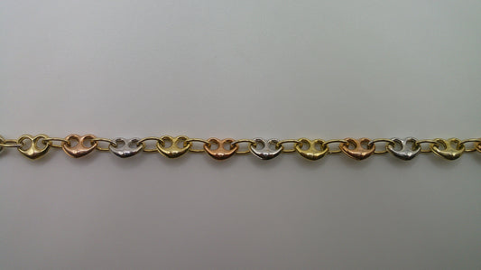 14k gold tri-color heart link bracelet | yellow gold, rose gold, white gold | 7.25 inches