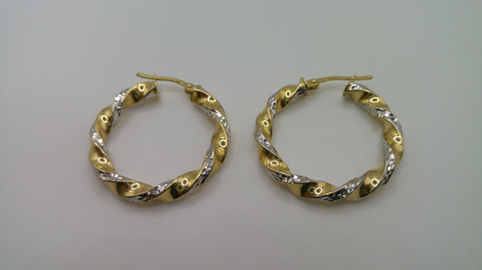 14k two-toned gold | yellow gold, white gold | twist hoop | 1 inch wide
