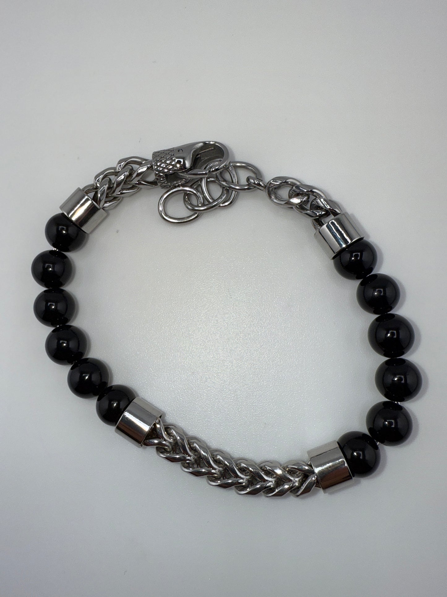 Stainless Steel 8mm Genuine Bead & Chain Bracelet - Onyx