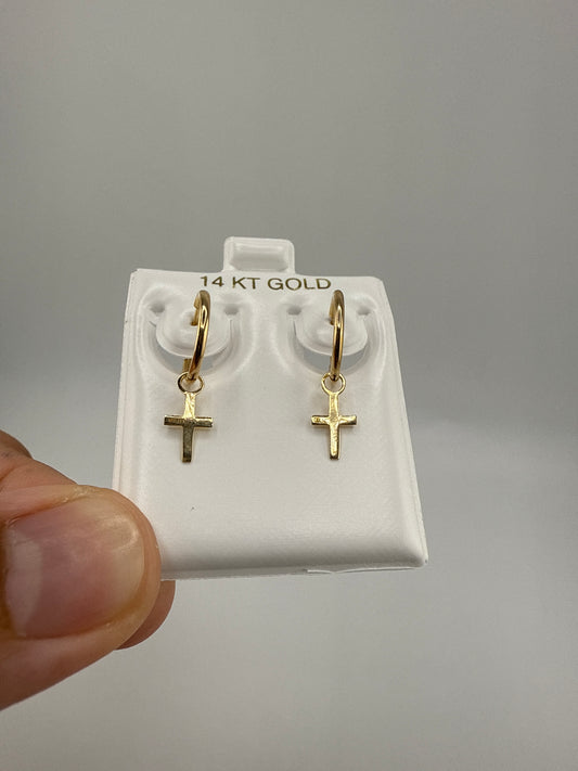 14k Yellow Gold Huggie Earrings with Dangling Crosses