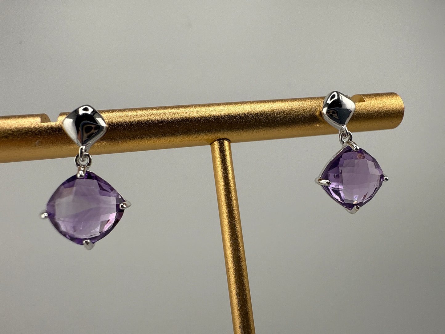 Sterling Silver, Four-Prong Square Cushion-Cut Gemstone Earrings - Amethyst