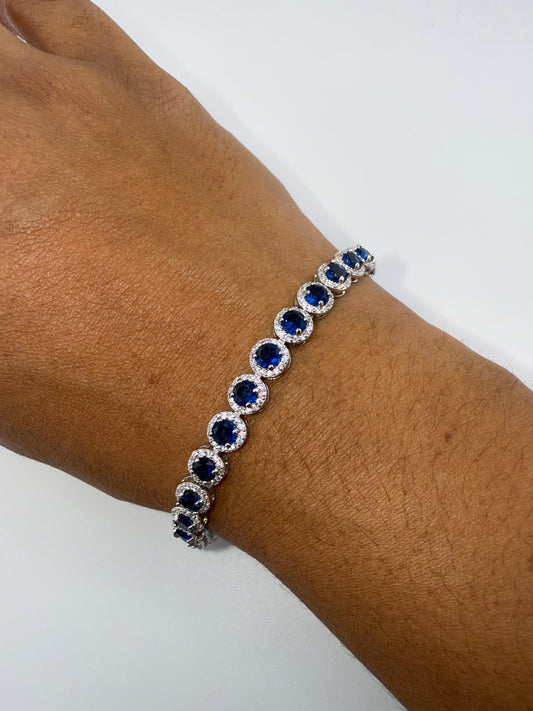 Sterling Silver Round Halo White & Sapphire Zirconia Linked Bracelet