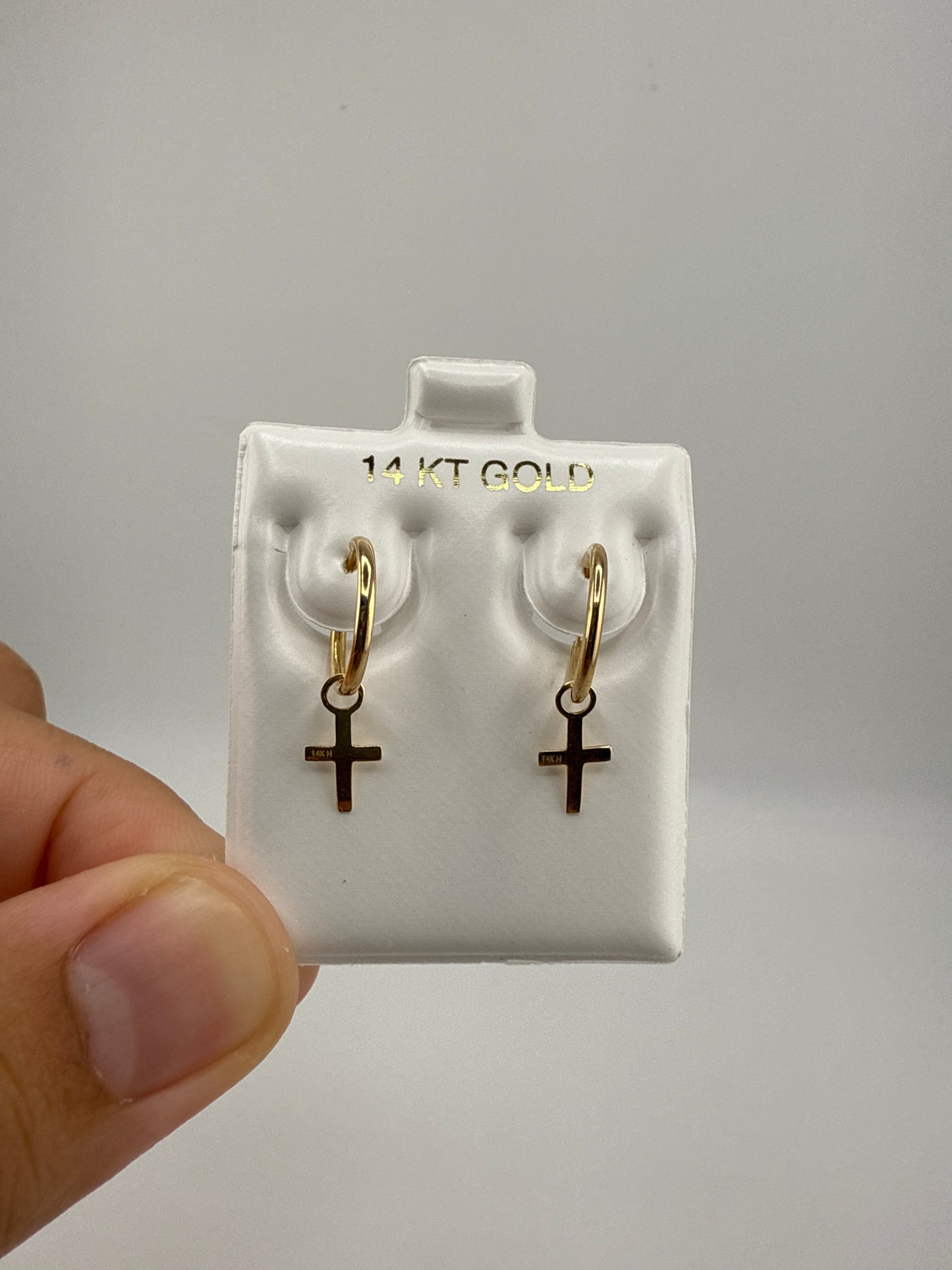 14k Yellow Gold Huggie Earrings with Dangling Crosses